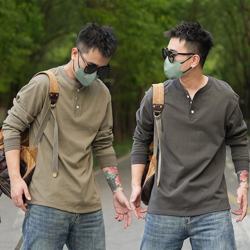 【春上新】大碼男裝上衣 休閒上衣 春秋大碼300斤美式複古亨利領工裝長袖T恤男寬鬆時尚打底衫上衣潮