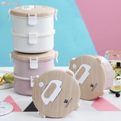 圓形單雙層日式便當盒 304不銹鋼內膽 內附餐具 密封防漏 帶餐具餐盒 木質感 手提大容量分格便當盒