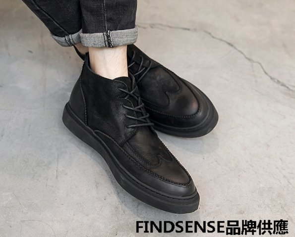 FINDSENSE品牌 四季款 新款 日本 男 高品質 真皮 復古工裝靴 做舊 高幫皮靴 舒適 增高 馬丁靴 潮流鞋子
