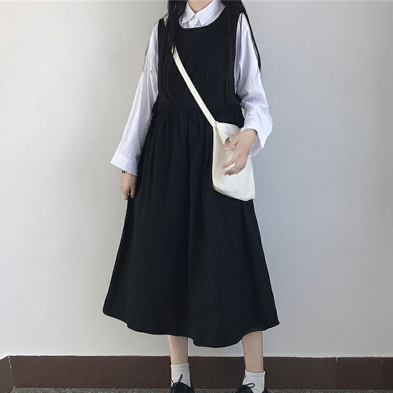 |自制|日系學院風長袖襯衫+學生純色中長款背帶裙卡奶裙jk連衣裙