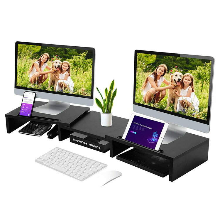 現貨木質雙屏電腦顯示器收納增高架長度可調可旋轉桌面置物架