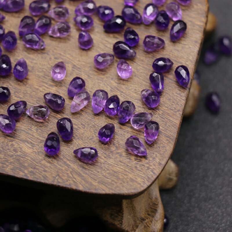 天然紫水晶圓水滴橫孔切面散珠10顆 diy手工飾品手鏈耳環發簪材料