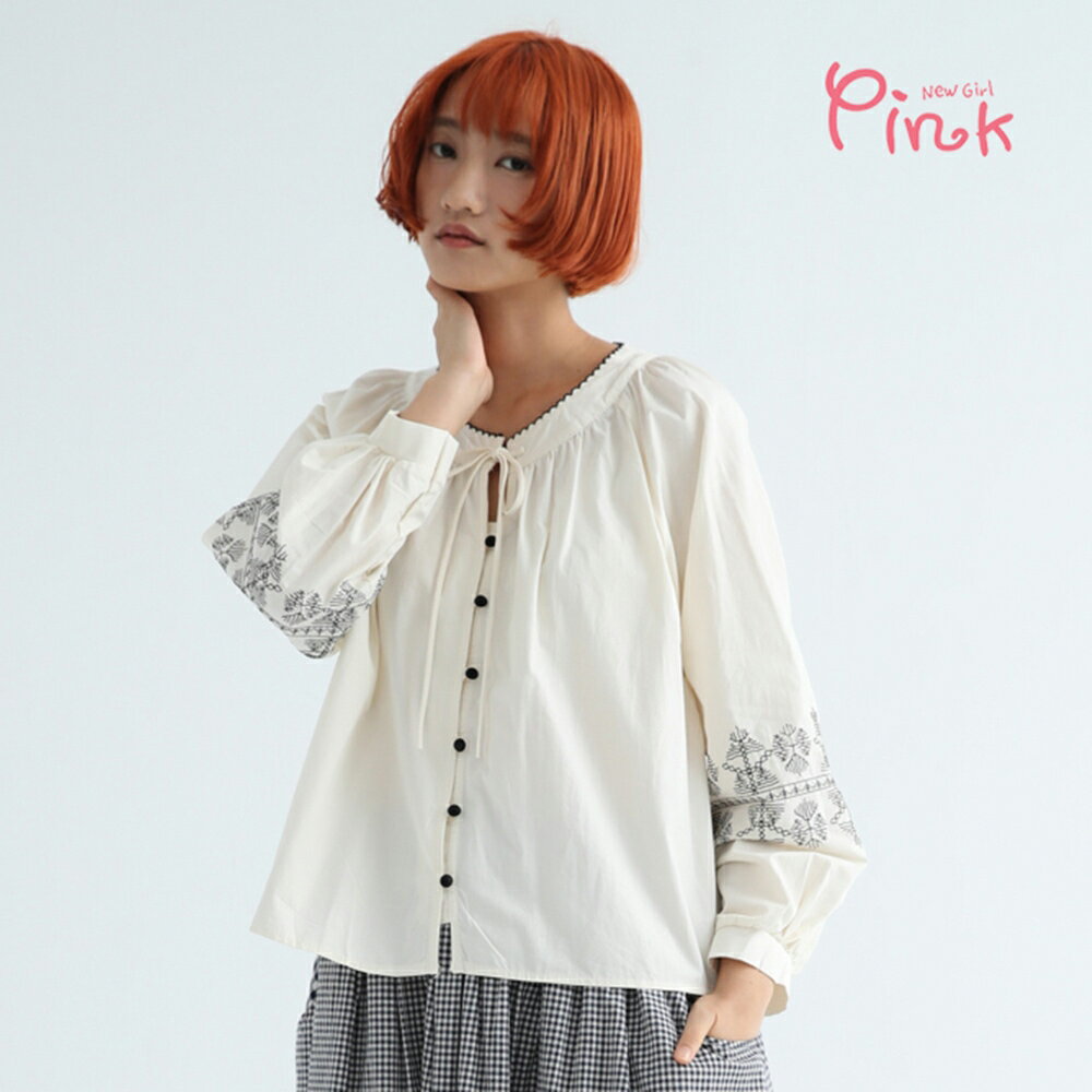 Pink* 民族風圖騰圓領上衣 (2色) Z2210BC