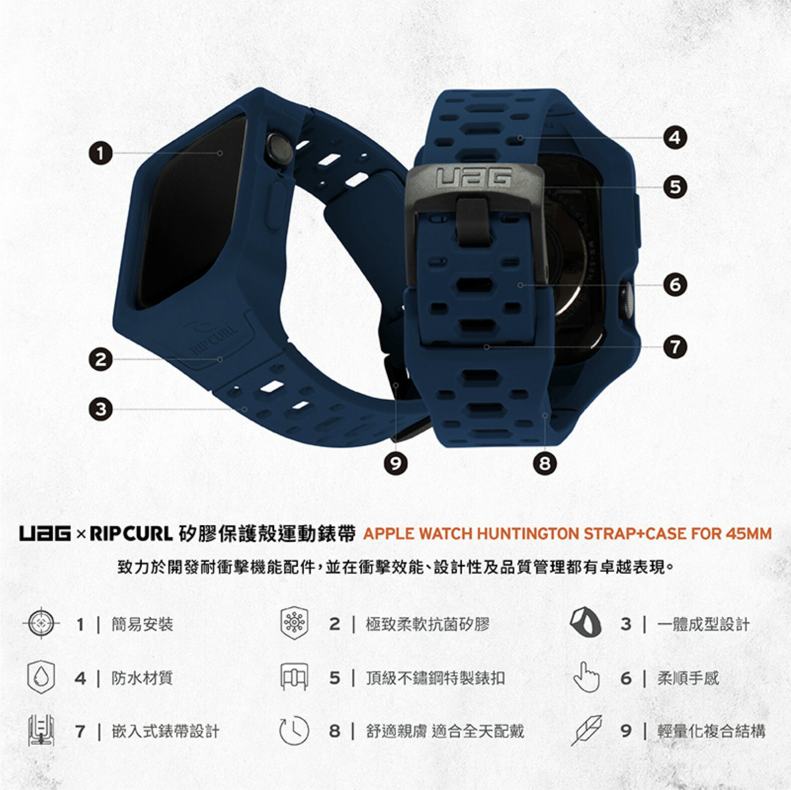 UAG X RIP CURL 矽膠 衝浪 保護殻 運動 錶帶 一體成型 手錶 Apple Watch 45mm 4