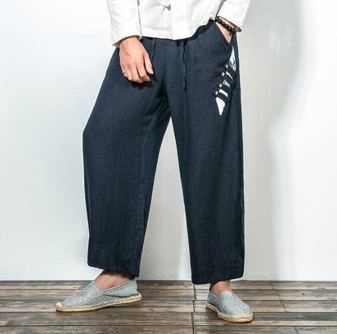FINDSENSE Z1 日系 流行 男 時尚 寬鬆 舒適 亞麻 側邊個性扣裝飾 休閒長褲