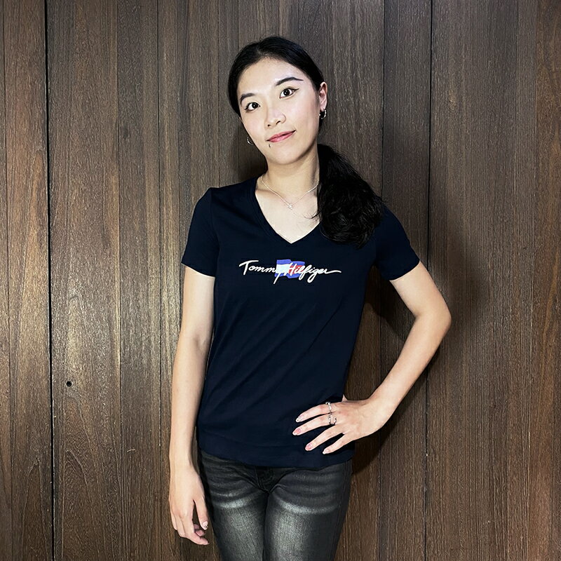 美國百分百【全新真品】Tommy Hilfiger 短袖 棉質 T恤 V領 女款 TH 上衣 logo 短T 深藍 CV38