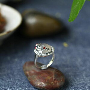 【墜享】S925純銀女式開口天然白玉髓服飾配件時尚戒指創意飾品