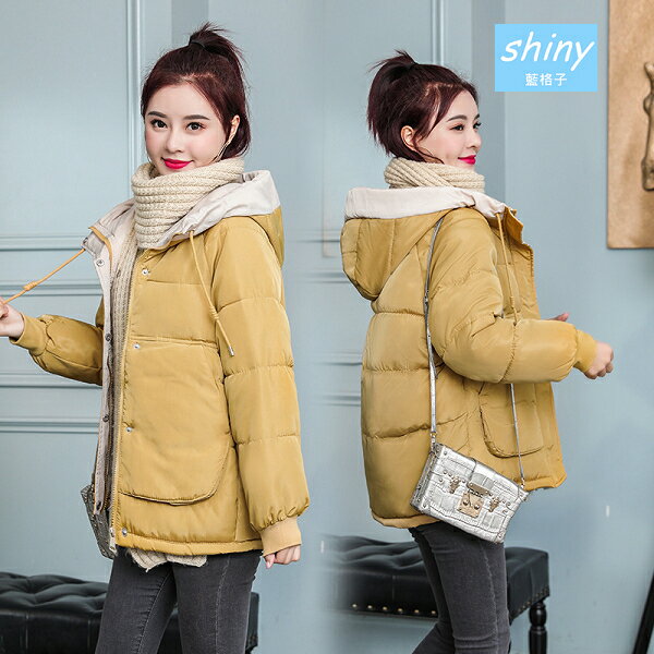 冬季寬鬆加厚短款羽絨棉襖外套- shiny藍格子【V9215】保暖
