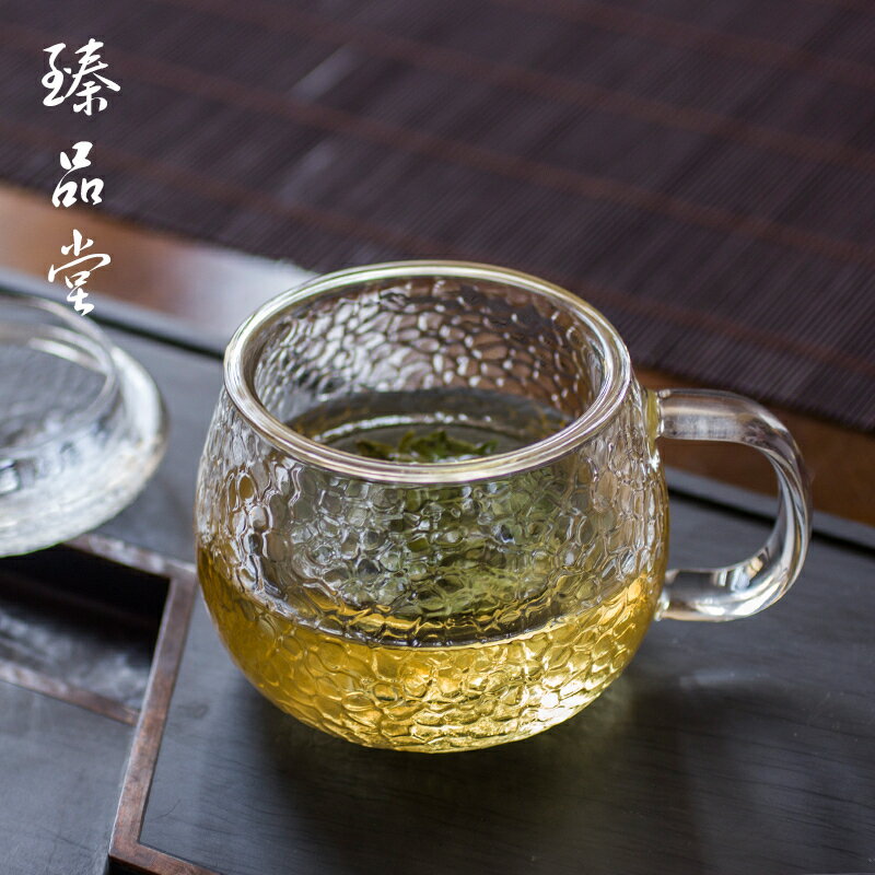 玻璃錘紋茶杯三件套 耐熱過濾家用辦公室水杯子花茶杯 透明帶蓋把1入