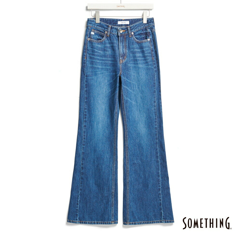 SOMETHING 女款 斜剪接無彈丹寧靴型褲 (中古藍)