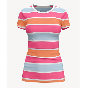 TOMMY HILFIGER 條紋短T恤合身版型 女裝 短袖 短T-Shirt 圓領 T34847 橘色(現貨)