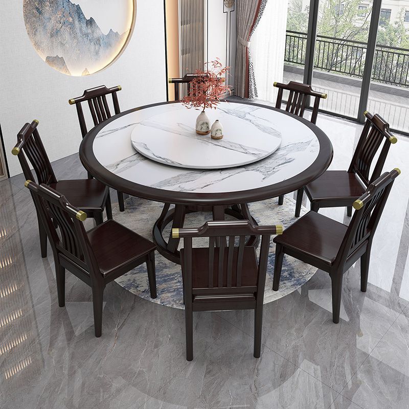 新中式巖板餐桌圓桌實木轉盤餐桌椅組合現代簡約家用飯店大圓桌子