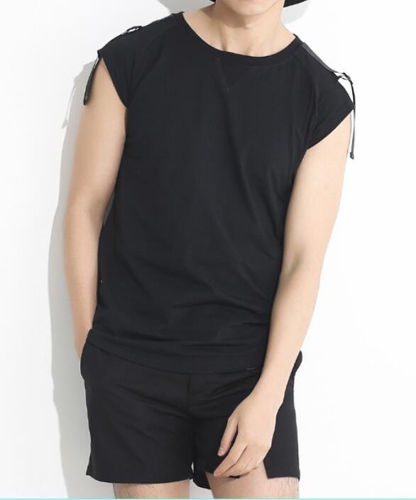 FINDSENSE MD 韓國 男 街頭 時尚 暗黑 個性織帶鐵環裝飾 夜店 髮型師 潮人款 打底衫 特色短T