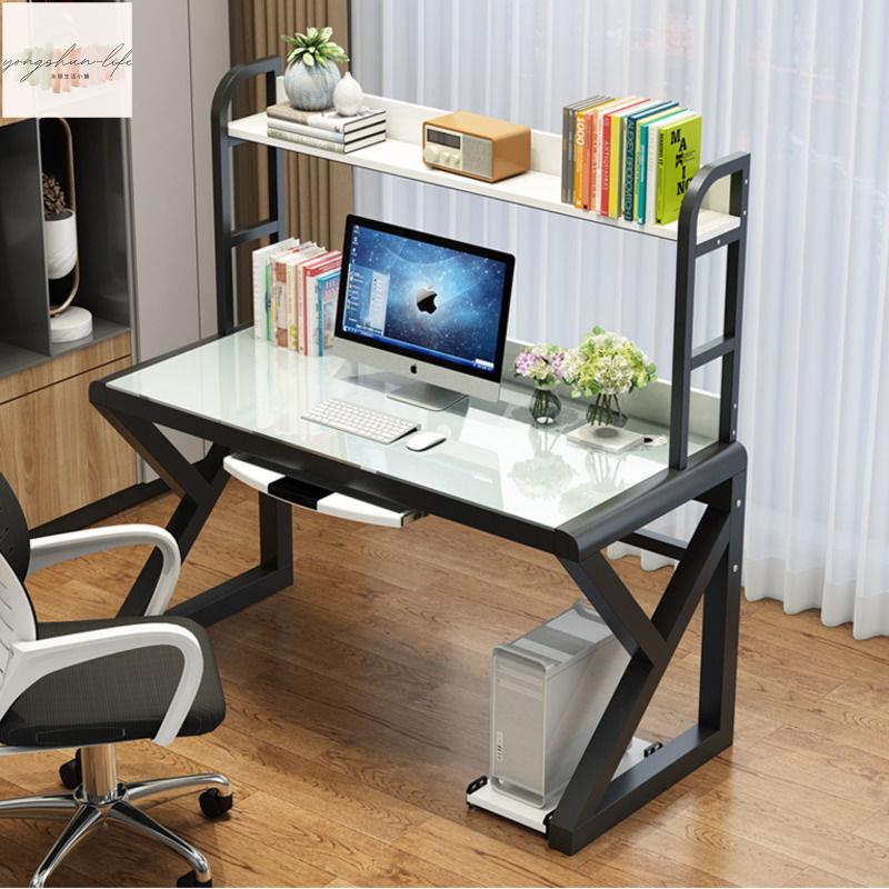 鋼化玻璃電腦桌臺式 簡約現代書桌書架一體 家用辦公桌 簡易學習書桌子