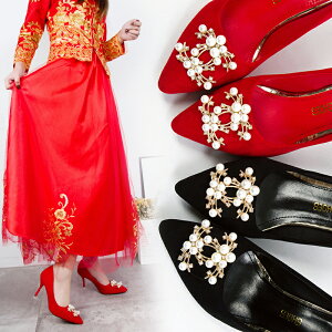 珍珠紅色婚鞋單鞋女高跟鞋2022春季新款鞋子百搭細跟尖頭女鞋禮儀