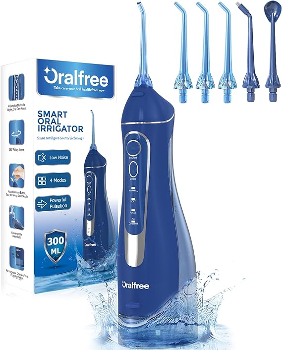 Oralfree 【美國代購】無線牙齒清潔 4 種模式口腔沖洗器 牙套牙線清潔充電便攜 IPX7 防水F5025 藍