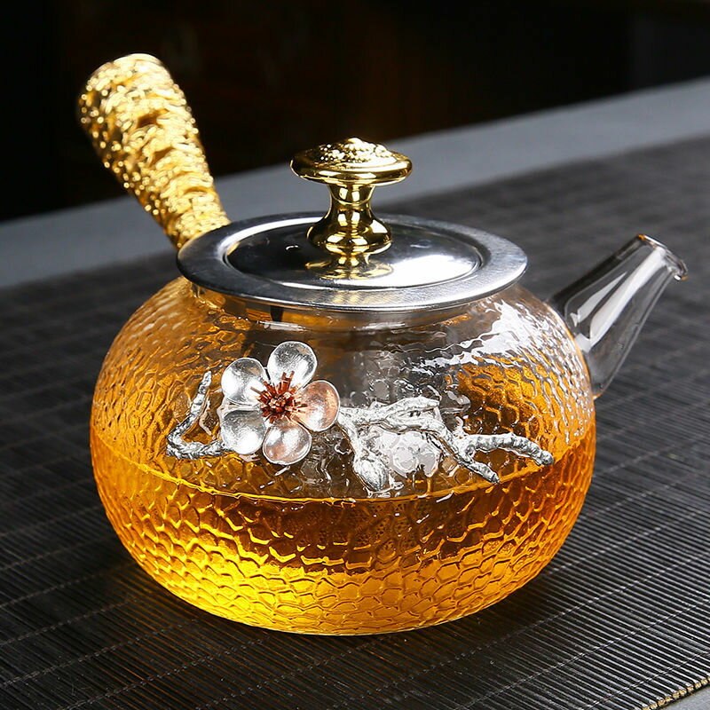 免運 泡茶壺 玻璃茶壺 玻璃茶壺側把壺錘紋單壺耐熱不銹鋼內膽過濾家用茶水分離泡茶器特惠/開立發票Z0921