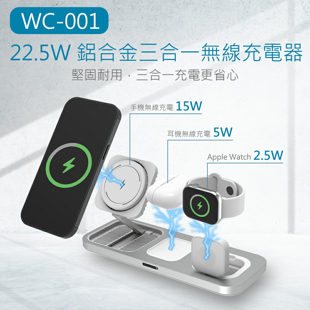 免運 公司貨 MINIQ 三合一 22.5W 鋁合金磁吸無線充電器 WC-001 iPhone Apple Watch AirPods