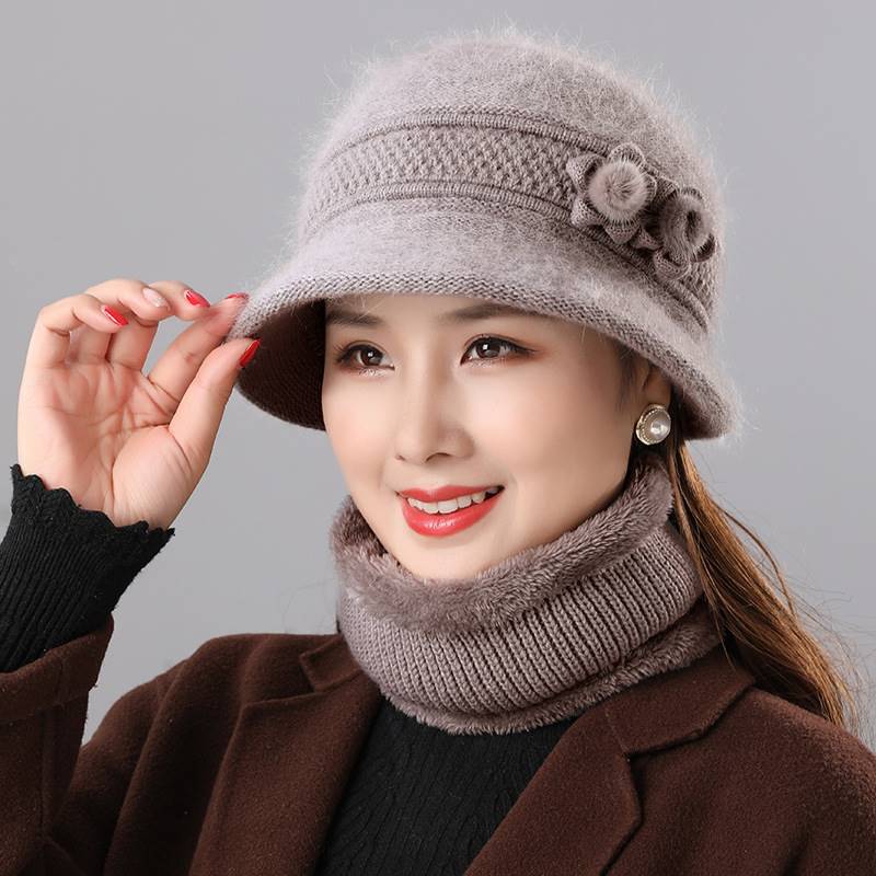 冬季女式帽子中老年人兔毛帽媽媽冬季加絨加厚奶奶針織保暖毛線帽