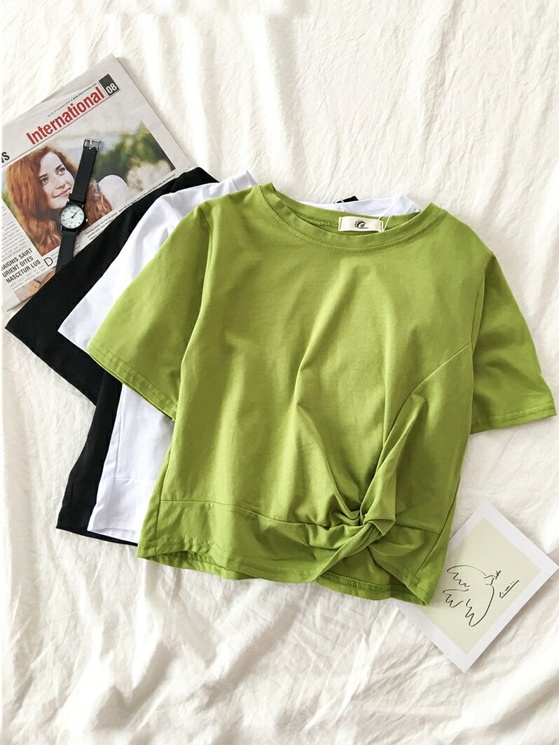 ins潮牛油果綠T恤女短袖韓版夏季新款短上衣泫雅風心機體恤衫