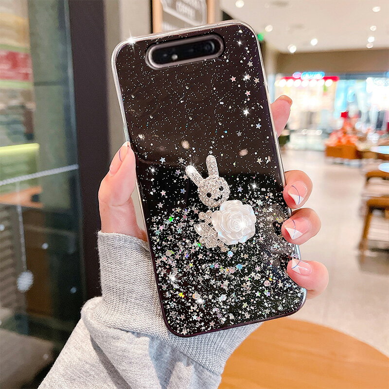 水鉆兔子適用于三星A80手機殼A90立體浮雕女生Galaxy情侶款新品閃粉可愛花朵SamsungA82透明滴膠軟殼保護外套