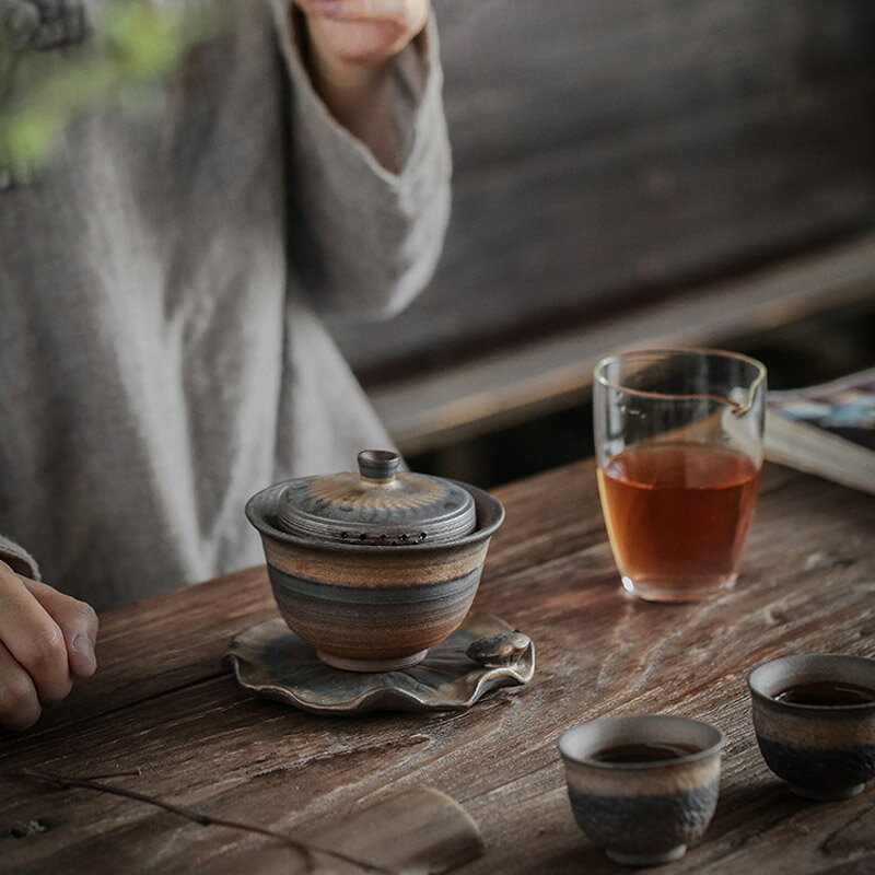 蓋碗單個泡茶蓋碗底座茶墊粗陶瓷功夫茶具茶杯套裝三才蓋碗泡茶碗