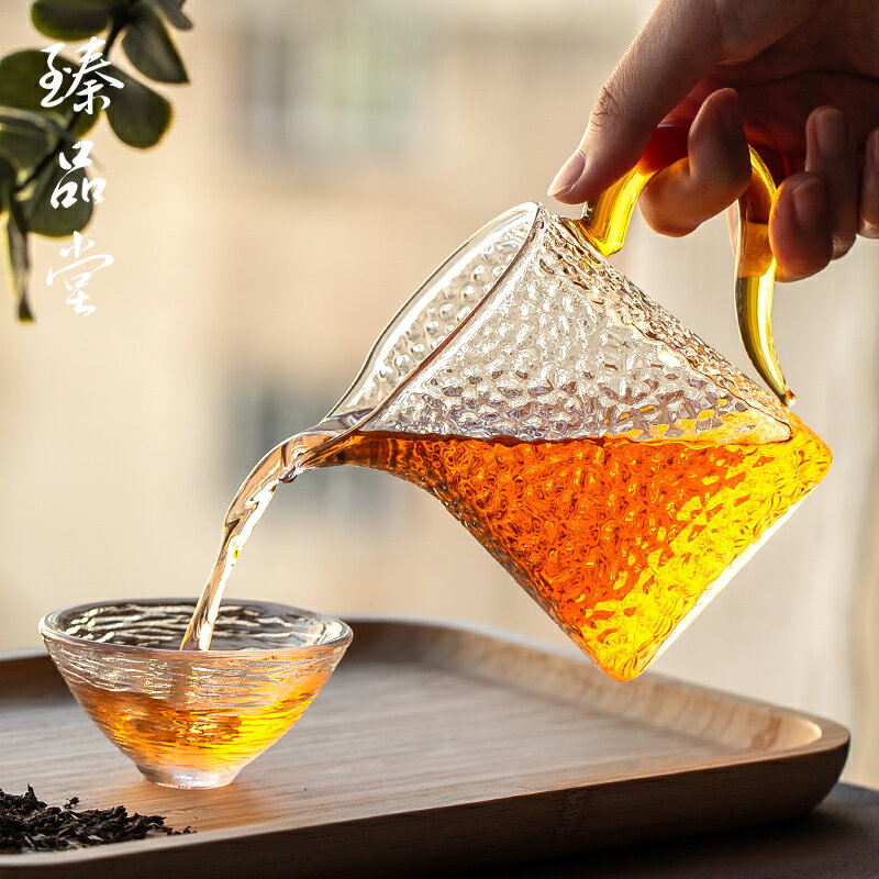臻品堂方形錘紋玻璃公道杯加厚耐熱家用公杯茶海倒茶器茶具分茶器1入