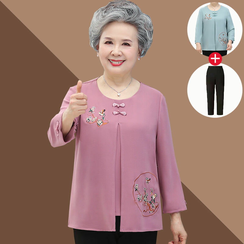 母親節奶奶中老年人女裝春夏T恤圓領長袖假兩件上衣太太老人衣服 0