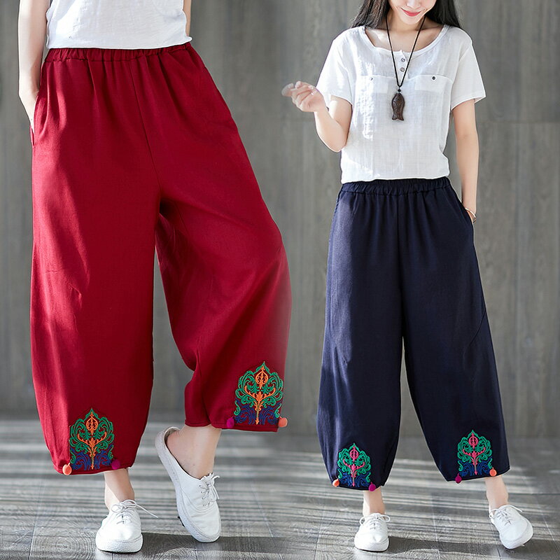年秋季新款棉麻刺繡復古民族風九分松緊腰闊腿褲