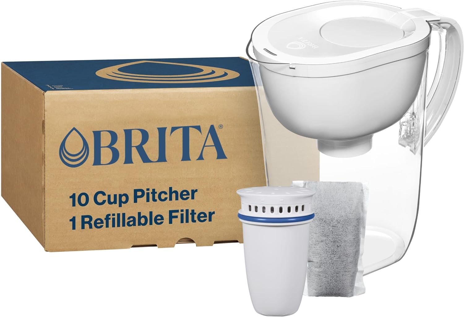 [4美國直購] Brita Refillable 濾水壺 1入 10杯2.4L 含濾芯+可重複使用外殼 成分同 白色 圓形濾心