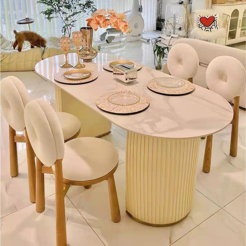【免運】可開發票 法式奶油風橢圓形餐桌家用小戶型輕奢現代簡約純白巖板餐桌椅組合
