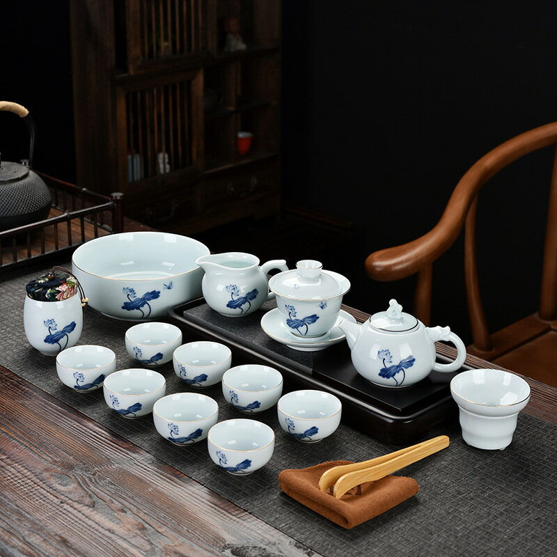 青白瓷茶壺手繪茶具大套裝描金陶瓷青花茶盃商務