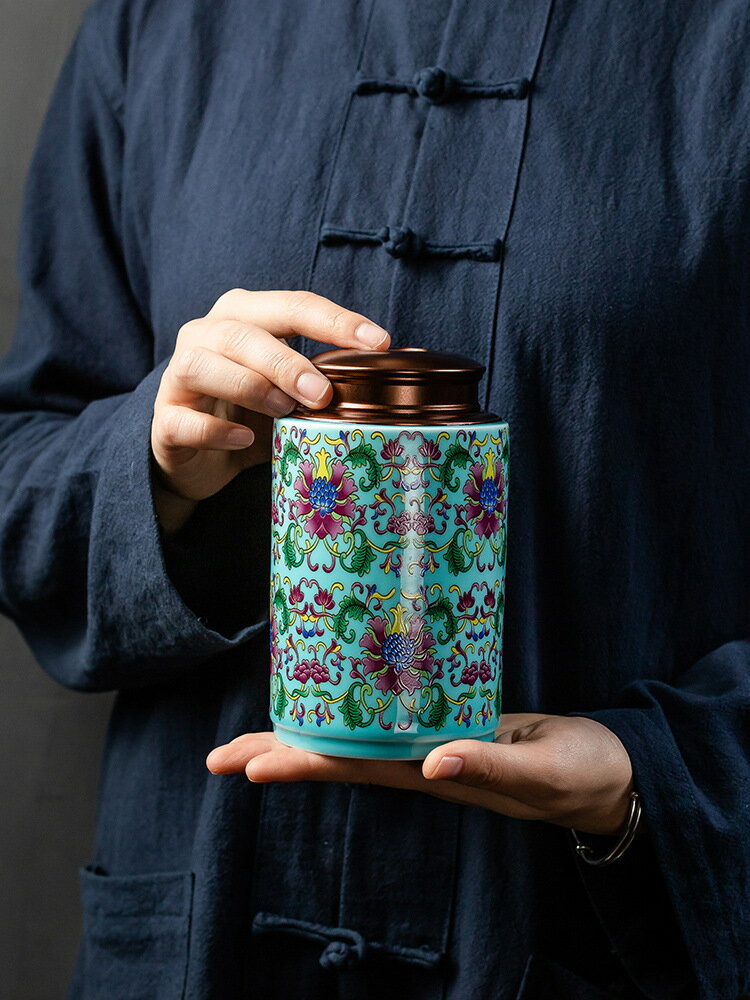 大中號茶葉罐琺瑯彩陶瓷茶葉罐雙層金屬蓋內蓋密封罐存儲物桶logo