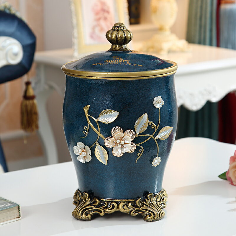 歐式客廳創意大號雪花藍垃圾桶帶蓋臥室家用收納桶裝飾品擺件