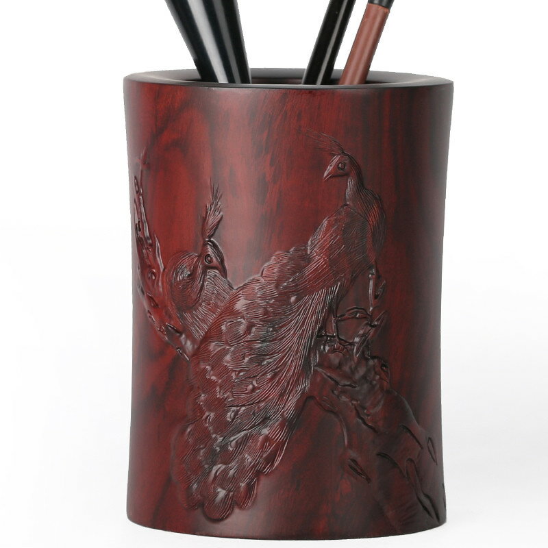 紅木雕刻孔雀筆筒中式辦公擺件 實木質尼泊爾紫檀木制動物工藝品