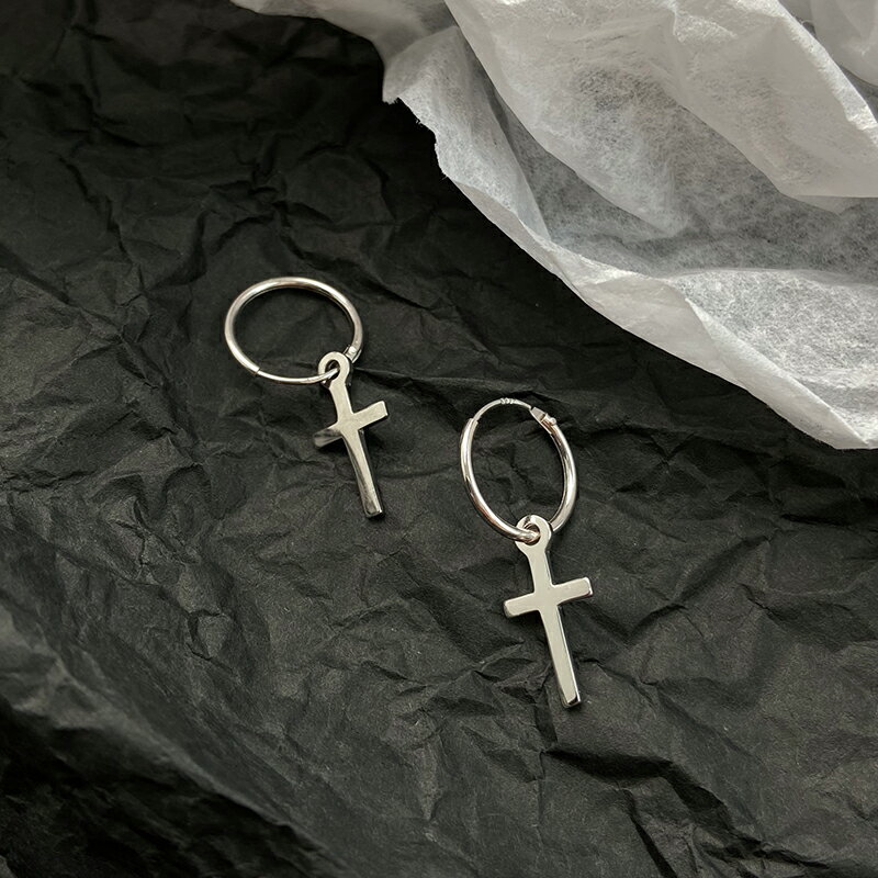 925純銀耳環女年耳圈十字架耳墜新款潮耳釘酷帥耳扣復古耳飾 1