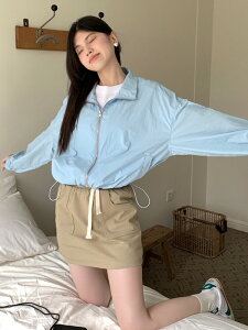 韓國ins立領抽繩防曬衣短款外套女夏季薄款小個子純色沖鋒衣上衣