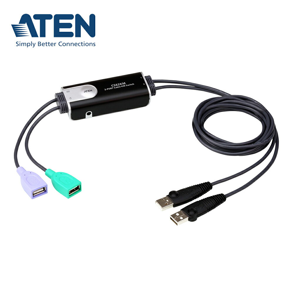 【預購】ATEN CS62KM 2埠USB鍵盤/滑鼠無邊快切帶線式KM多電腦切換器