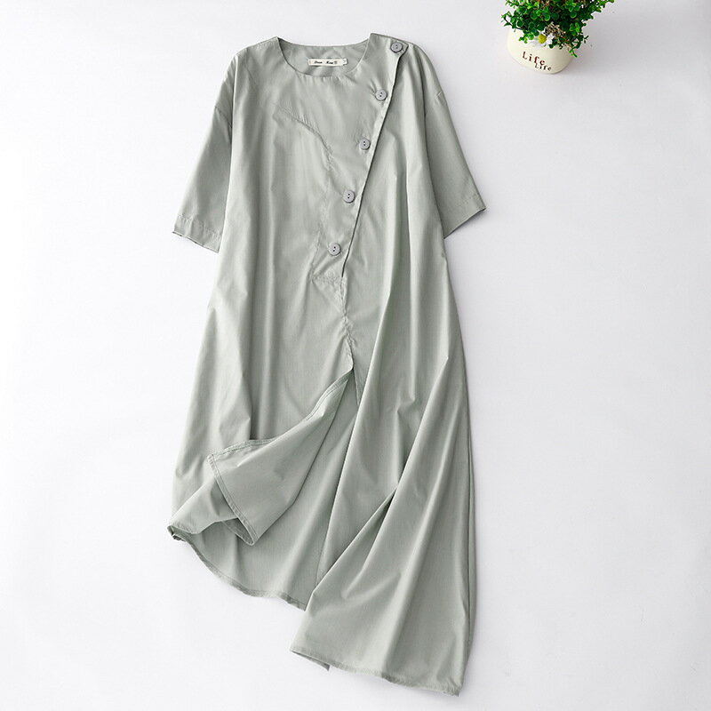 【免運】朝暮心居| 短袖洋裝 夏新款純色日系襯衫裙卸排扣時尚不規則文藝復古短袖連身裙