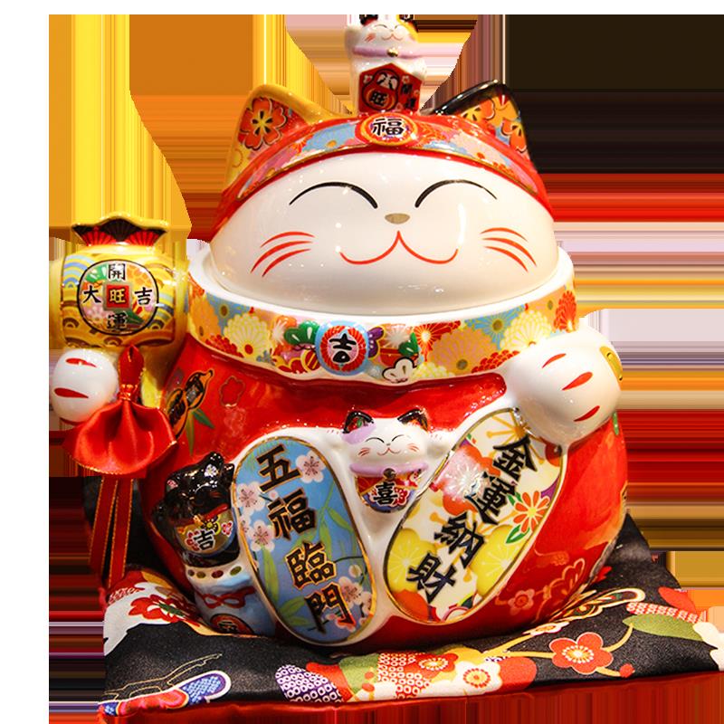 福緣貓陶瓷家用五福儲物罐紅色喜慶招財貓擺件客廳糖果罐茶幾裝飾 4