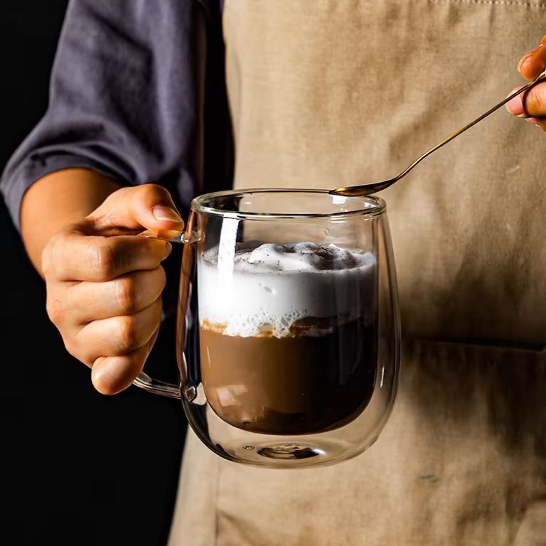 雙層隔熱玻璃杯家用水杯把手透明耐高溫茶杯辦公水杯咖啡杯J-23公司貨
