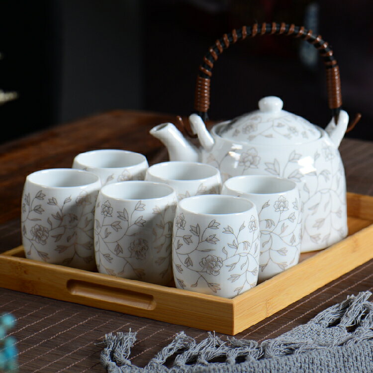 提梁壺陶瓷茶具套裝家用整套功夫現代簡約復古青花茶壺茶杯送竹托