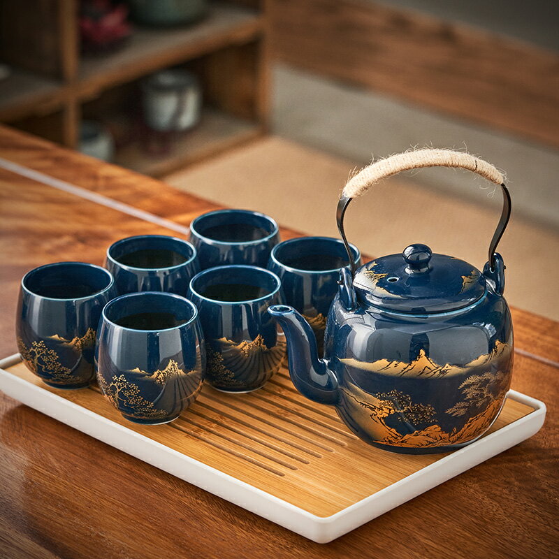 黑釉中式功夫茶具套裝家用大號復古霽蘭辦公室泡茶壺茶杯提梁陶瓷
