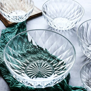 透明鉆石浮雕玻璃碗水果沙拉碗家用吃飯點心沙拉碗套裝學生甜品碗