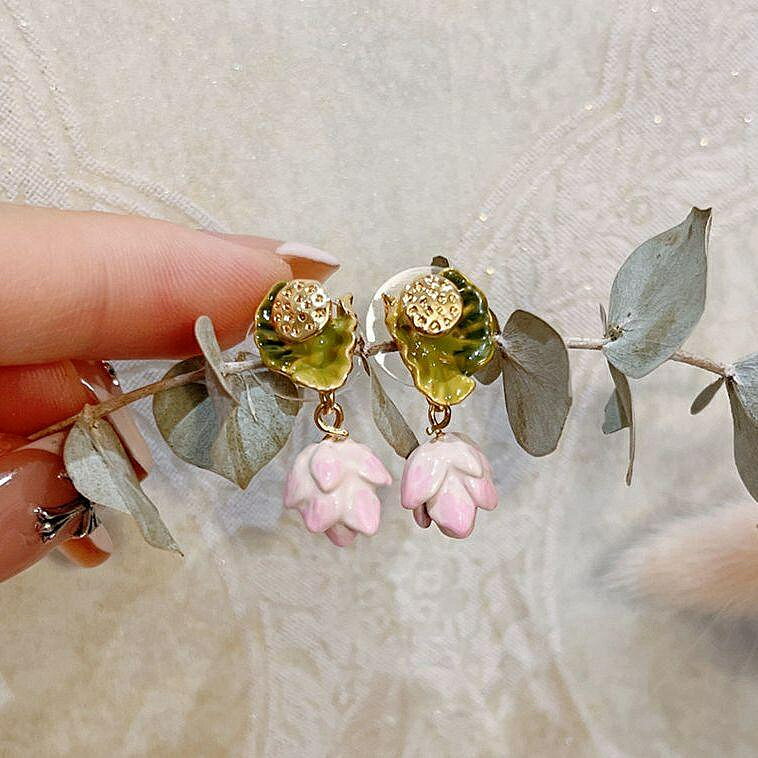 【百貨屋二號】Les Nereides 法國琺瑯釉首飾品 荷花粉色花苞綠色荷葉蓮蓬 耳環耳釘耳夾