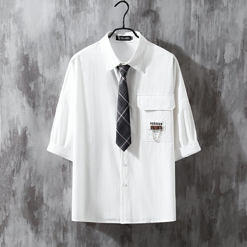 日系學院風JK制服DK領帶襯衫男生夏季寬松高級設計感小眾短袖襯衣