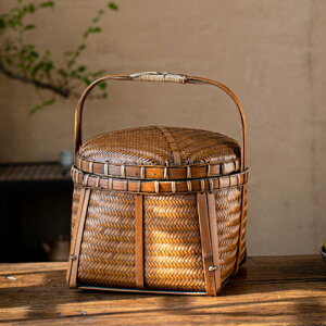 竹編食盒中式仿古家用禪意帶蓋竹籃野餐手提籃大號茶藝禪道收納筐