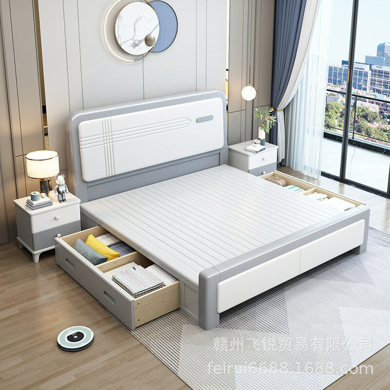 優樂悅~現代簡約北歐實木床白色1.8米主臥雙人床1.5輕奢高箱儲物公寓婚床