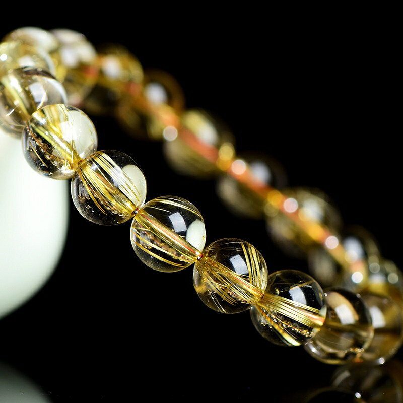 ISONA 收藏級7A級圓珠天然黃髮絲鈦晶黃水晶手串金髮晶手鏈手串珠水晶串珠水晶手鍊 冰晶髮絲高透亮水晶手鏈 4