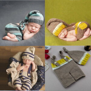 新生兒攝影服裝嬰兒拍照道具服寶寶拍照針織套裝滿月照服裝長尾帽